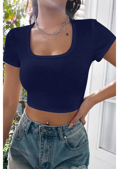 Fantezia Night Kadın Lacivert Yarım Kol Düz Yaka Crop Top Bluz