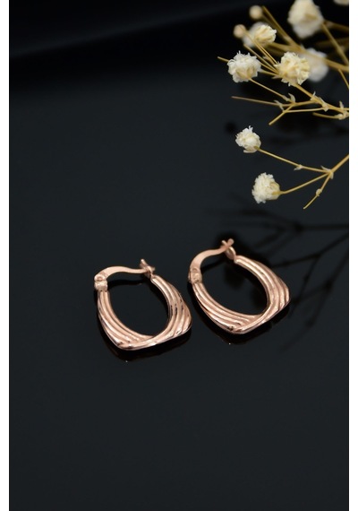 Papatya Silver 925 Ayar Gümüş Rose Kaplama Çizgi Desenli Drop Klipsli Kadın Küpe