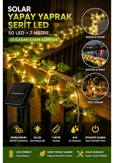 Solar Yapay Yaprak Şerit Led 7 Metre 50 Led, Güneş Enerjili Sarmaşık Dekoratif Aydınlatma, Balkon Bahçe Duvar Süs Lambası
