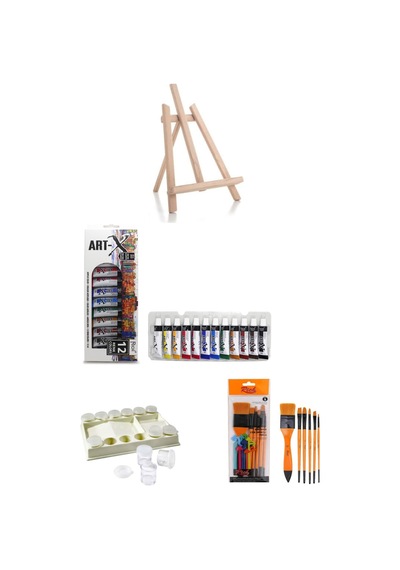 Orta Boy Şövale-art-x 12 Ml 12 'li Renk Tüp Akrilik Set-rich Set8 6'lı Fırça-şişeli Palet 4'lü Set