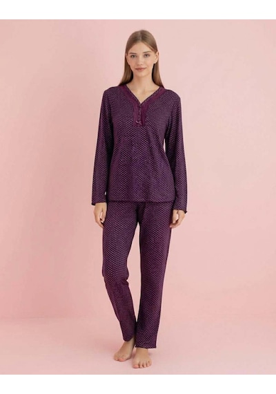 Pijamerry Kadın Bambu Baharlık Dantel Yaka Uzun Kol İnce Pijama Takımı 5207m - 1 Adet Mor