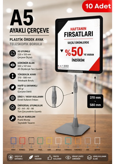 10 Adet - A5 Ayaklı Çerçeve Seti Plastik Ördek Ayak Teleskopik Borulu Fiyat Etiketliği Yönlendirme Levhası Menü Panosu Siyah