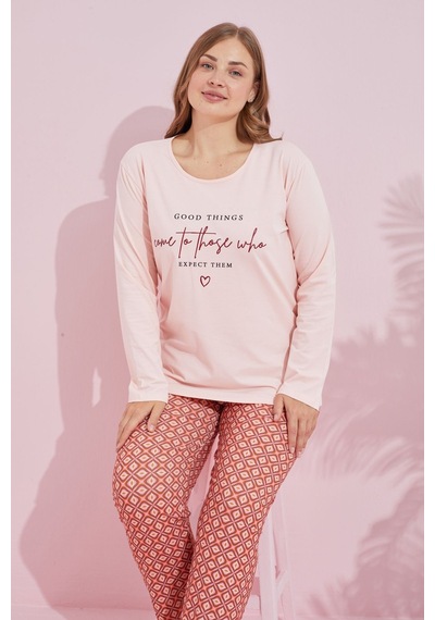 Siyah İnci Pamuklu Curve Büyük Beden Battal Boy Örme Pijama Takım24240735 Somon