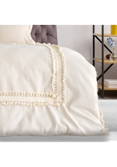 Dnc Home Tekstil Ndchome Ham Keten Krem Ponponlu Çift Kişilik Nevresim Takımı Krem