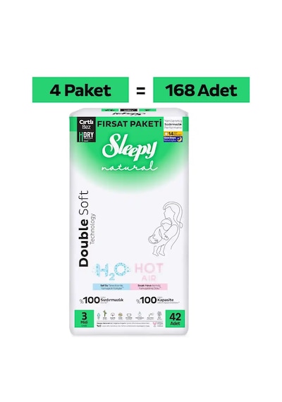 Sleepy Natural Double Soft Mega Fırsat Paketi Bebek Bezi 3 Numara Midi 168 Adet