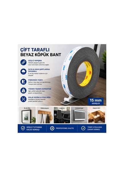 3m Scotch Çift Taraflı Bant 15 Mm X 50 Metre Güçlü Yapıştırıcı Siyah Akrilik Bant Ekran Cam Kasa Kapak Tamir Bandı