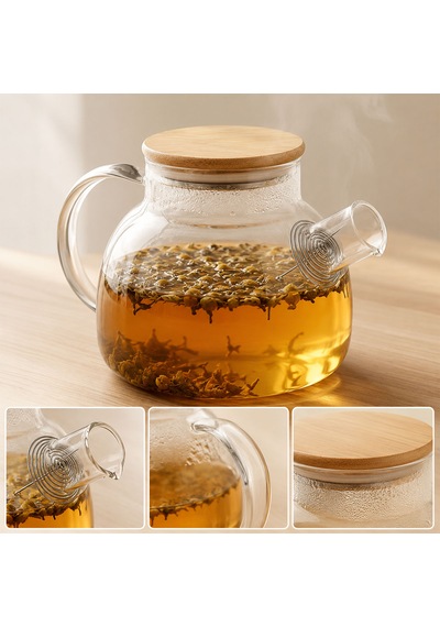 Bk Gift Isıya Dayanıklı Süzgeçli Cam Demlik, Bambu Kapaklı 1 Litre Çaydanlık