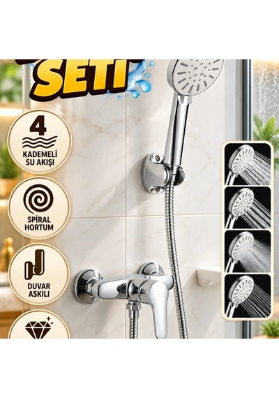 Krem 4 Kademeli El Duşu Seti Spiral Hortum Ve Duvar Askılı Çok Renkli