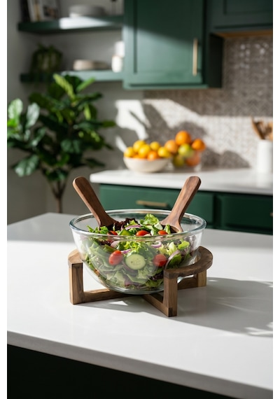 Bosco Akasya Salata Servis Kasesi & Çatal Kaşık - 2700 Ml Şeffaf