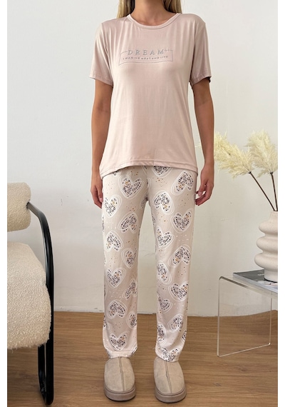 Giysa Kadın Bisiklet Yaka Desenli Kısa Kollu Pijama Takımı Bej - 26y 2601