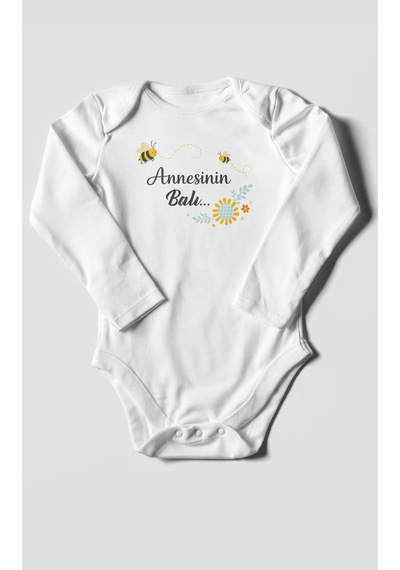 Morivokids Annesinin Balı Uzun Kollu Bebek Body %100 Pamuk Beyaz