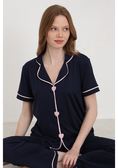 Bamboo Örme Kalp Nakışlı Kadın Pijama Takımı Lacivert