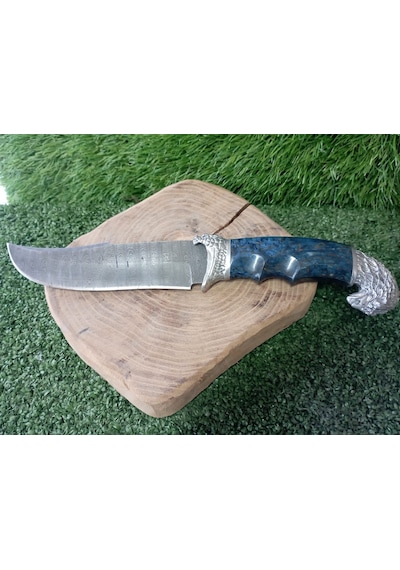 Tctknives Damascus Serisi El Yapımı Av Kamp Bıçağı Şahin Gümüş - Mavi