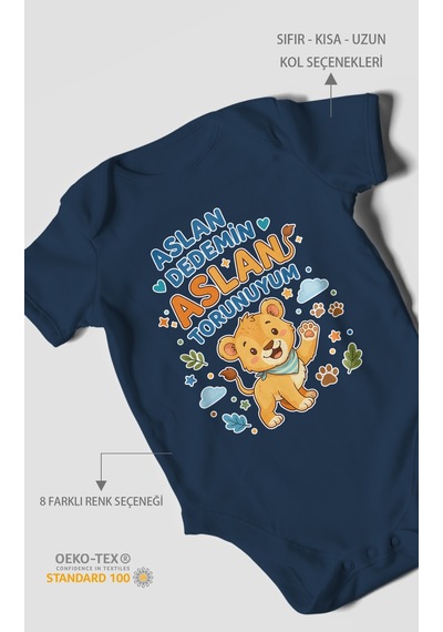 Morivokids Aslan Dedemin Aslan Torunuyum Kısa Kollu Bebek Body %100 Pamuk Lacivert