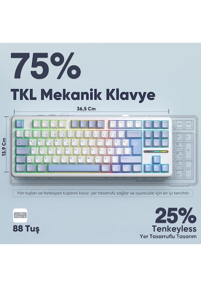 Aula F87 Pro Mekanik Rgb Tkl Graywood V4 Switch Kablosuz Makrolu Hot Swap Türkçe Q Klavye Buz Mavisi
