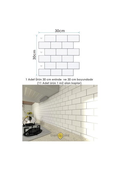 Trendpoint 3d 30 30cm Mutfak Tezgah Arkası Kaplama Kendinden Yapışkanlı Beyaz Seramik Görünüm Banyo