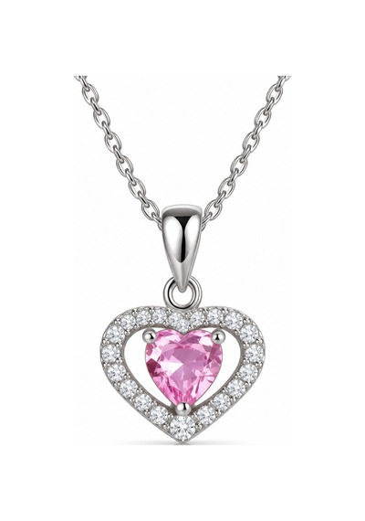 Premium Parlak Ve Şık Pembe Zirkon Taşlı Kalp Kadın 925 Gümüş Kolye 45 Cm