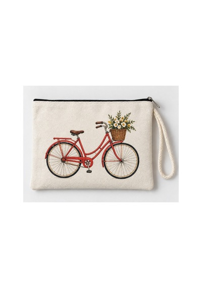 Çiçek Sepetli Bisiklet Baskılı Fermuarlı Makyaj Çantası Bozuk Para Cüzdanı Clutch