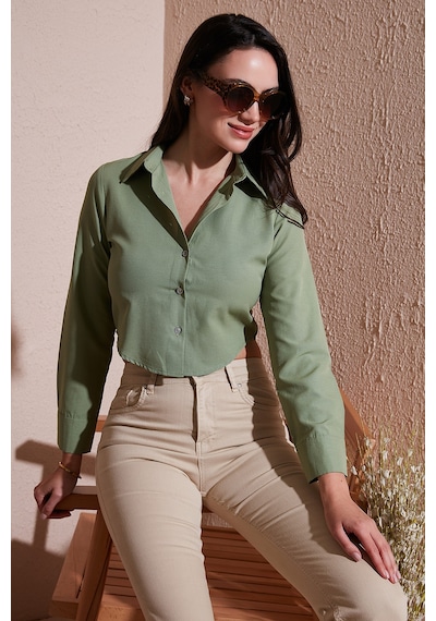 Lela Pamuk Karışımlı Slim Fit Uzun Kollu Crop Bayan Gömlek 6777336 Haki
