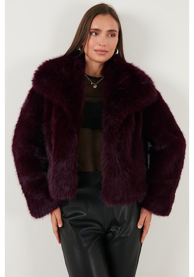Lela Oversize Fit Gömlek Yaka Cepli Astarlı  Mont Bayan Kürk 497Berry Bordo
