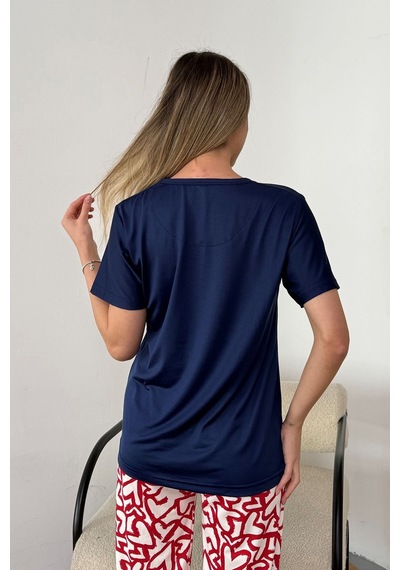 Giysa Kadın Bisiklet Yaka Desenli Kısa Kollu Pijama Takımı Lacivert - 26y 2601