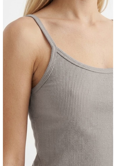 Cottonill Premium - Neat Collection Gri Rib Dokulu İnce Askılı Modal Viskon Şortlu Kadın Pijama Takımı