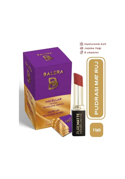 Pure Matte Powder Lipstick No: 118 - Nemlendirici Pudramsı Mat Ruj Makyaj Temizleme Mendili Hediyeli 0