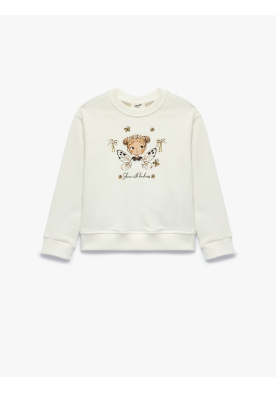 Koton Bisiklet Yaka Uzun Kollu Baskılı Sweatshirt Ekru 7wkg10250ak