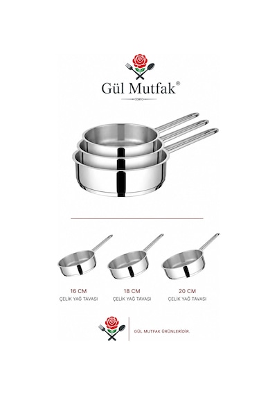 3'lü Yağ Tava Paslanmaz Çelik 16 Cm -18 Cm -20 Cm Gümüş
