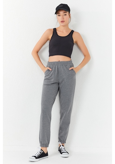 Tommy Life Füme Basic Sıfır Kol Dar Kalıp U Yaka Kadın Crop Top Atlet - 97160 Füme