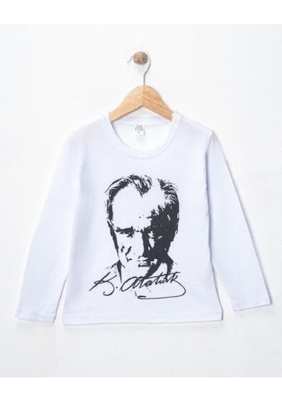 Özdemirli Bebe Unisex Bisiklet Yaka Ataturk Baskılı Uzun Kol T-shirt Beyaz