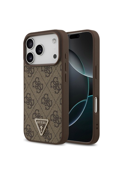 Apple iPhone Uyumlu 18 Pro Kılıf Guess Lisanslı M-safeli Taşlı Üçgen Logo 4g Desenli Strass Kapak Kahverengi