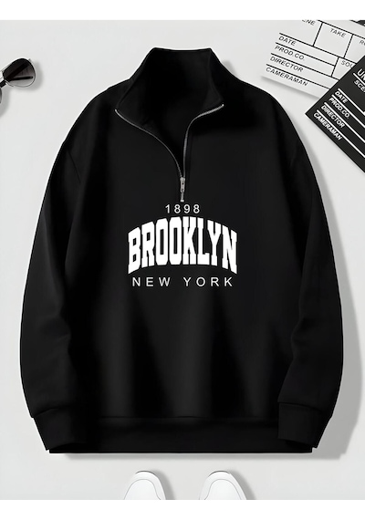 Harmandar Siyah Erkek Brooklyn Baskılı Dik Yaka Yarım Fermuarlı Düz Kazak Sweatshirt Siyahbrooklyndikyaka Harmandar Siyah Erkek Brooklyn Baskılı Dik Yaka Yarım Fermuarlı Düz Kazak Sweatshirt Siyahbrooklyndikyaka