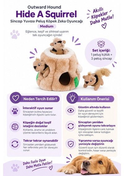 Outward Hound Hide A Squirrel Sincap Yuvası Peluş Köpek Zeka Oyuncağı Medium