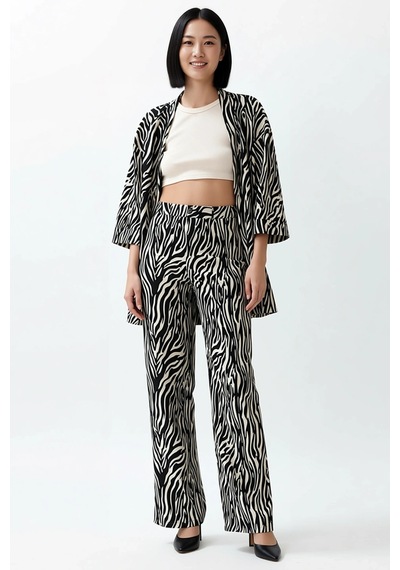Benerly Kadın Büyük Beden Leopar Desenli Oversize Kimono Takım Geniş Paça siyah