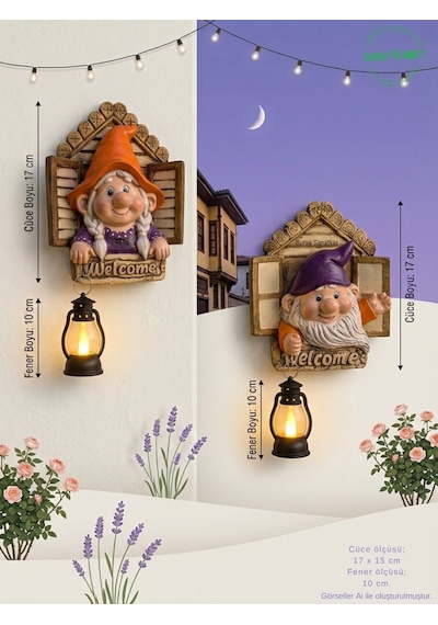 Dekoratif Fenerli Welcome Cüce Çifti 2li Set Dekoratif Kapı Ve Duvar Süsü Renk Seçenekli 17x15 Cm. Kırmızı Mor