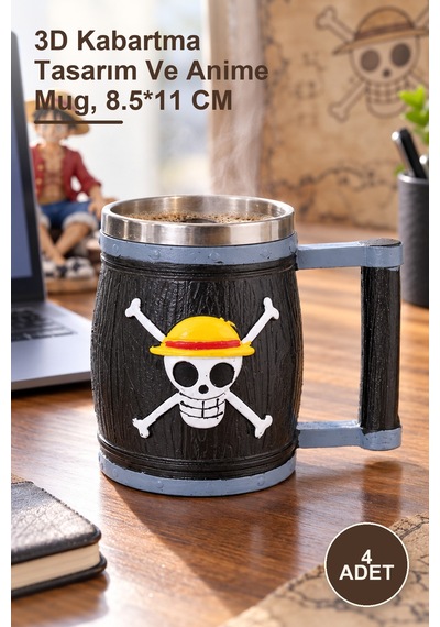 4 Adet One Piece Temalı 3d Kabartmalı Çelik Kupa Bardak 3d Kabartma Tasarım Ve Anime Mug, 8.5 11 Cm