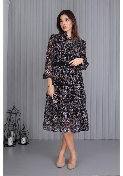 Neşeli Butik Kadın Kemerli Desenli Yeni Sezon Midi Boy Şifon Elbise Apcx04 Siyah