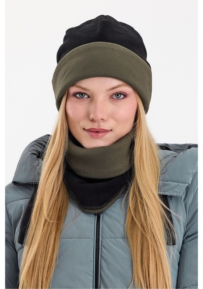Butikgiz Kadın Dış Kısım Polar, İç Kısım Kaşkorse Pamuklu, Çift Renk, Çift Kat, Katlanabilir Bere Boyunluk Set Siyah-haki