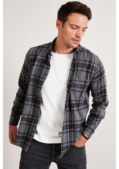 Buratti Ekoseli Uzun Kollu Slim Fit Kışlık Erkek Gömlek Cf21W112844 Antrasit