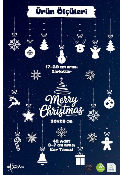Yılbaşı Cam Süsü Sticker Seti Merry Christmas Çift Taraflı Baskı 42 Kar Tanesi Ve 34 Parça Figür Dijital Baskı