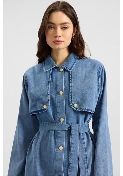Olcay Pelerin Ve Metal Düğmeli Ceket Pantolon Denim İkili Takım Mavi 9393-tk