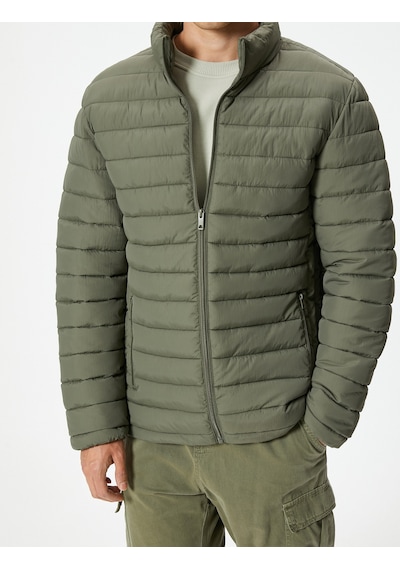 Koton Slim Fit Fermuarlı Şişme Mont Yeşil 5wam20101hw