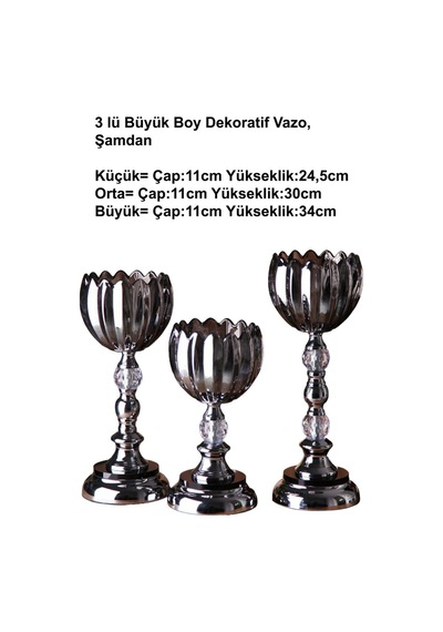 3 Lü Kristal Cam Şamdan, Vazo Antrasit Metal Ayak 4470