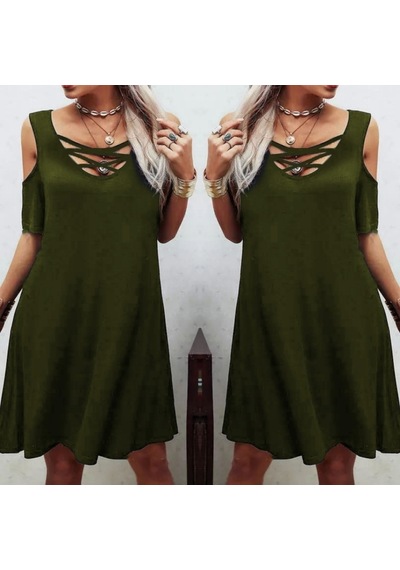 Moderie Butik Dekolteli Bağcık Detay Viskon Kumaş Elbise Haki