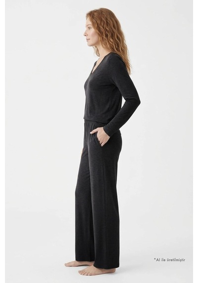 Cottonill Premium - Serene Collection Antrasit Rib Dokulu Bol Paça V Yaka Viskon Kadın Pijama Takımı