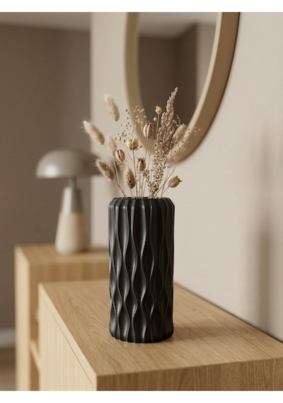 Kaveld Nysa Dekoratif Vazo El Yapımı Modern Minimalist Silindirik Vazo Mermer Tozu Ve Çimento Kompozit Ev Dekoru Siyah