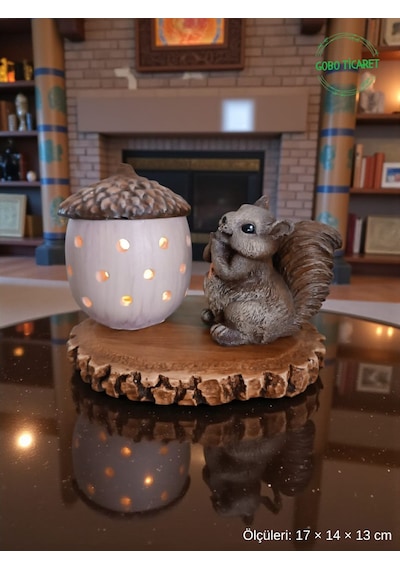 Rustik Sincap Figürlü Meşe Palamudu Mumluk Tealight Led Mum Hediyeli 17 14 13 Cm 17 14 13 Cm