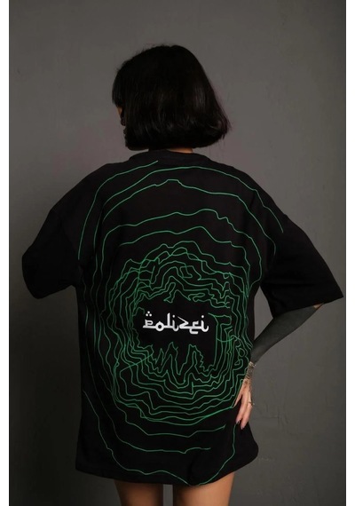 Kadın Bisiklet Yakalı Sırt Baskılı Oversize Kısa Kol T-shirt - Siyah Siyah