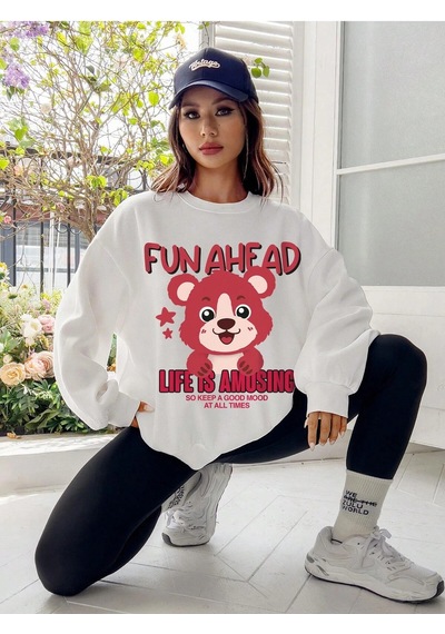 Adrift Qutie Slogan & Cartoon Graphic Drop Shoulder Sweatshirt Beyaz Beyaz